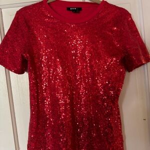 DKNY Sparkling Red Sequin Short Sleeve Top